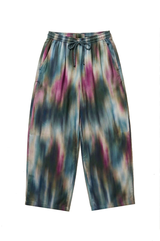 Printed ECOVERO Viscose Barrel-Leg Trousers in a colorful abstract pattern with pockets and an elasticated waist.