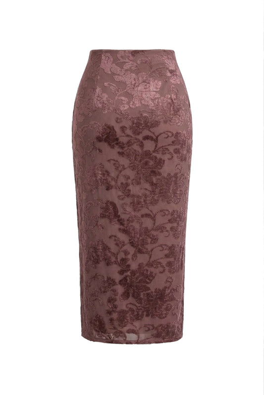 Cocoa Devoré Fitted Midi Skirt in a pencil silhouette with abstract devoré pattern, ideal for autumn-winter styling.