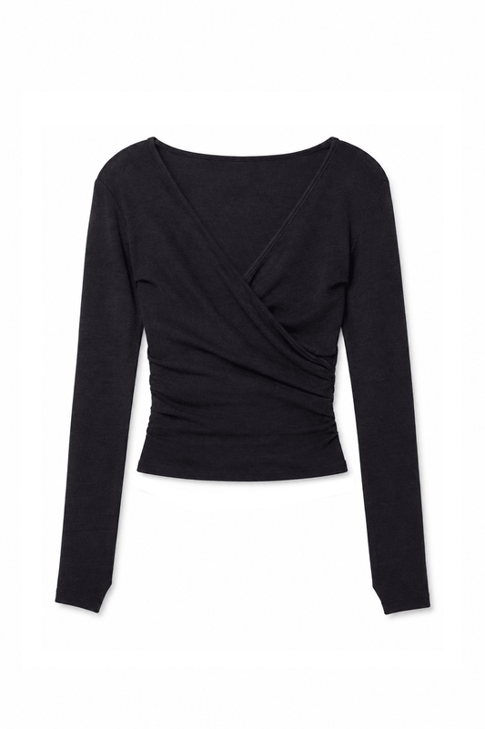 Black Wool Wrap Top with Thumb Holes - Online Exclusive
