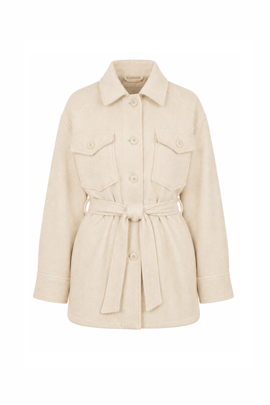 Ecru Organic Cotton Shacket with detachable belt and pocket details, perfect for autumn and winter wear.
