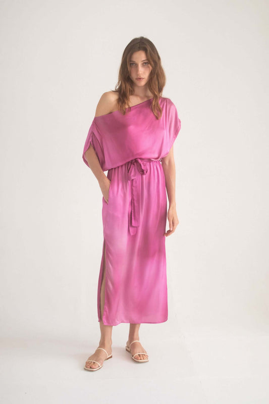 Model wearing a pink off-shoulder drape dress with a tie belt, showcasing a chic and comfortable style.