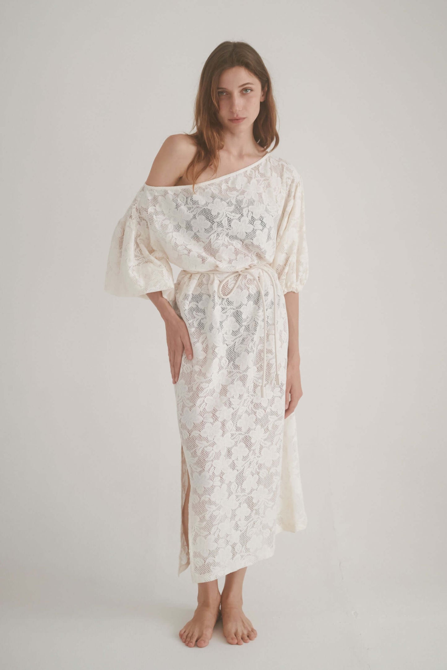 Ecru lace boho maxi dress with balloon sleeves and adjustable belt, perfect for casual, feminine style.