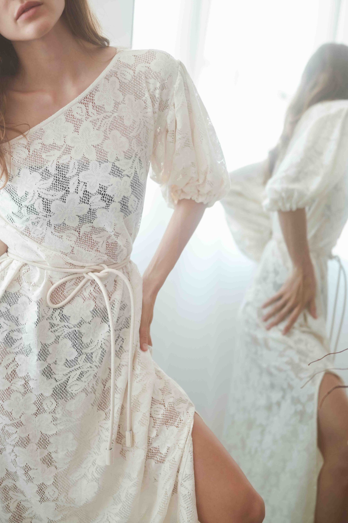 Lace Boho Maxi Dress featuring balloon sleeves and a lace belt, crafted from 100% organic cotton.
