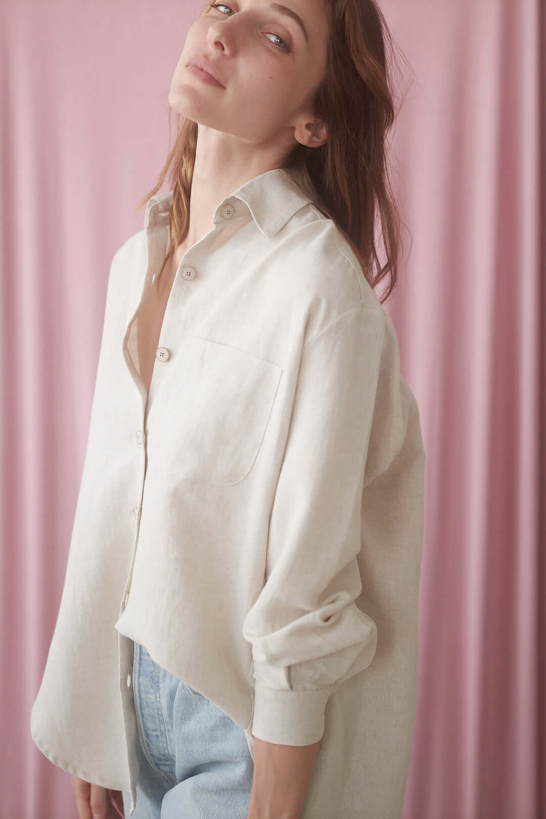 Natural wide shirt in soft organic blend, featuring eco buttons, perfect for versatile styling with wide trousers or jeans.
