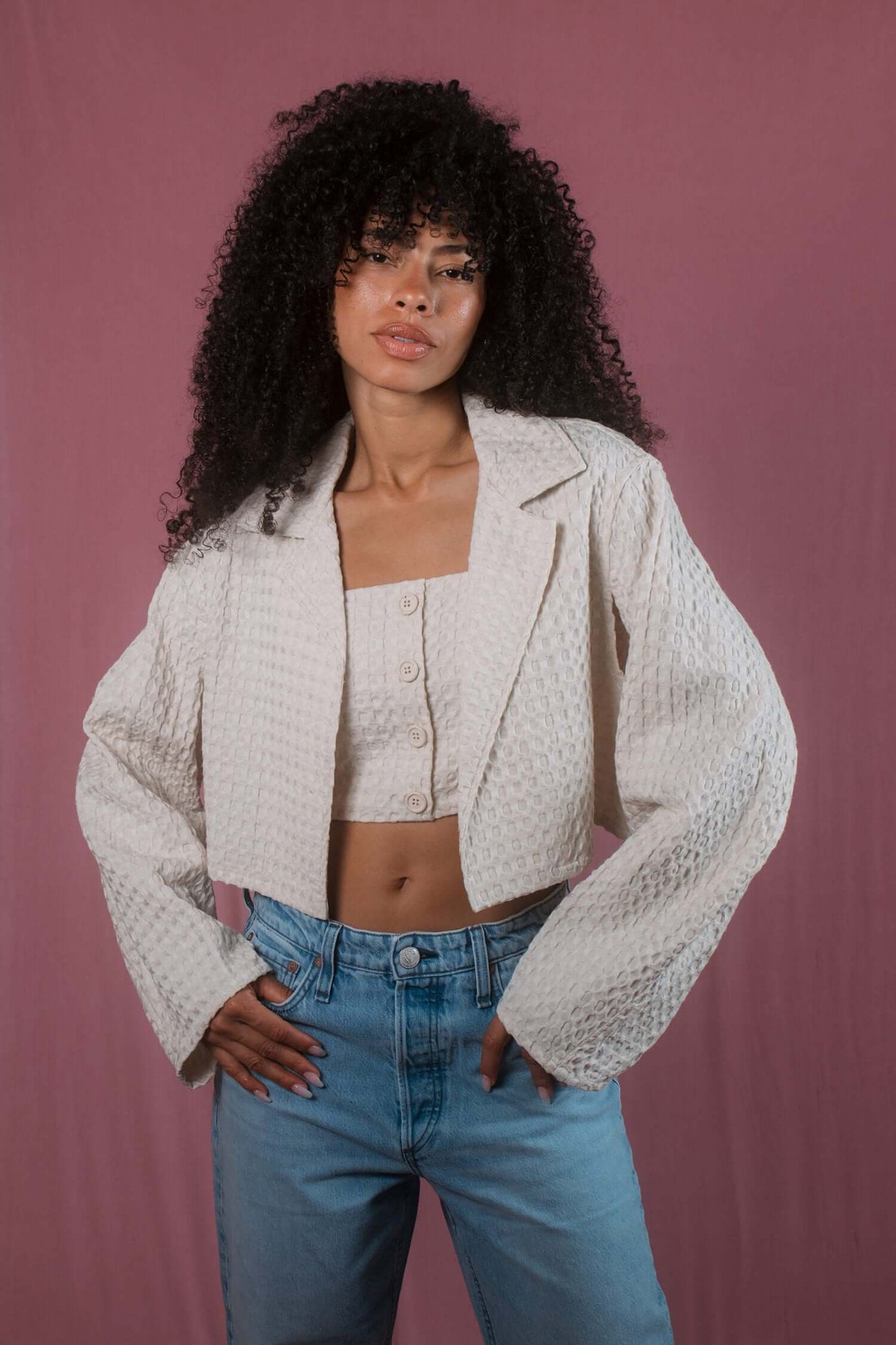 ECRU WAFFLE CROP JACKET