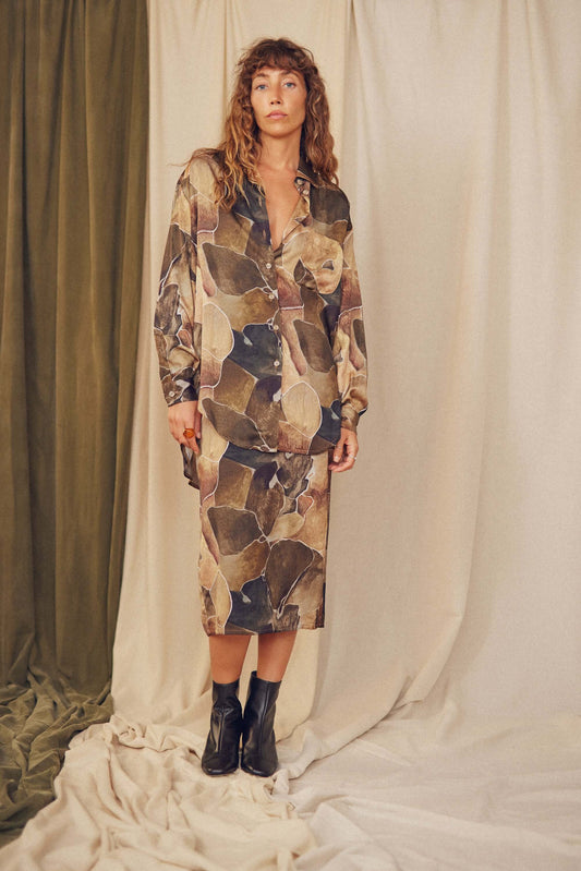 Model wearing an Ecovero Wide Printed Shirt, showcasing a relaxed silhouette and eco-friendly style.