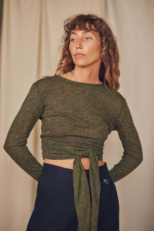Khaki multiway recycled jersey wrap top styled with front tie and long sleeves, perfect for autumn/winter layering.
