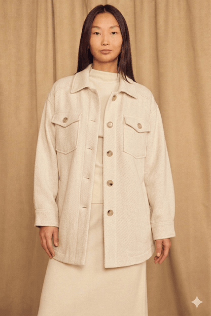 Ecru Organic Cotton Shacket displayed on a model, featuring a relaxed silhouette and oversized design.
