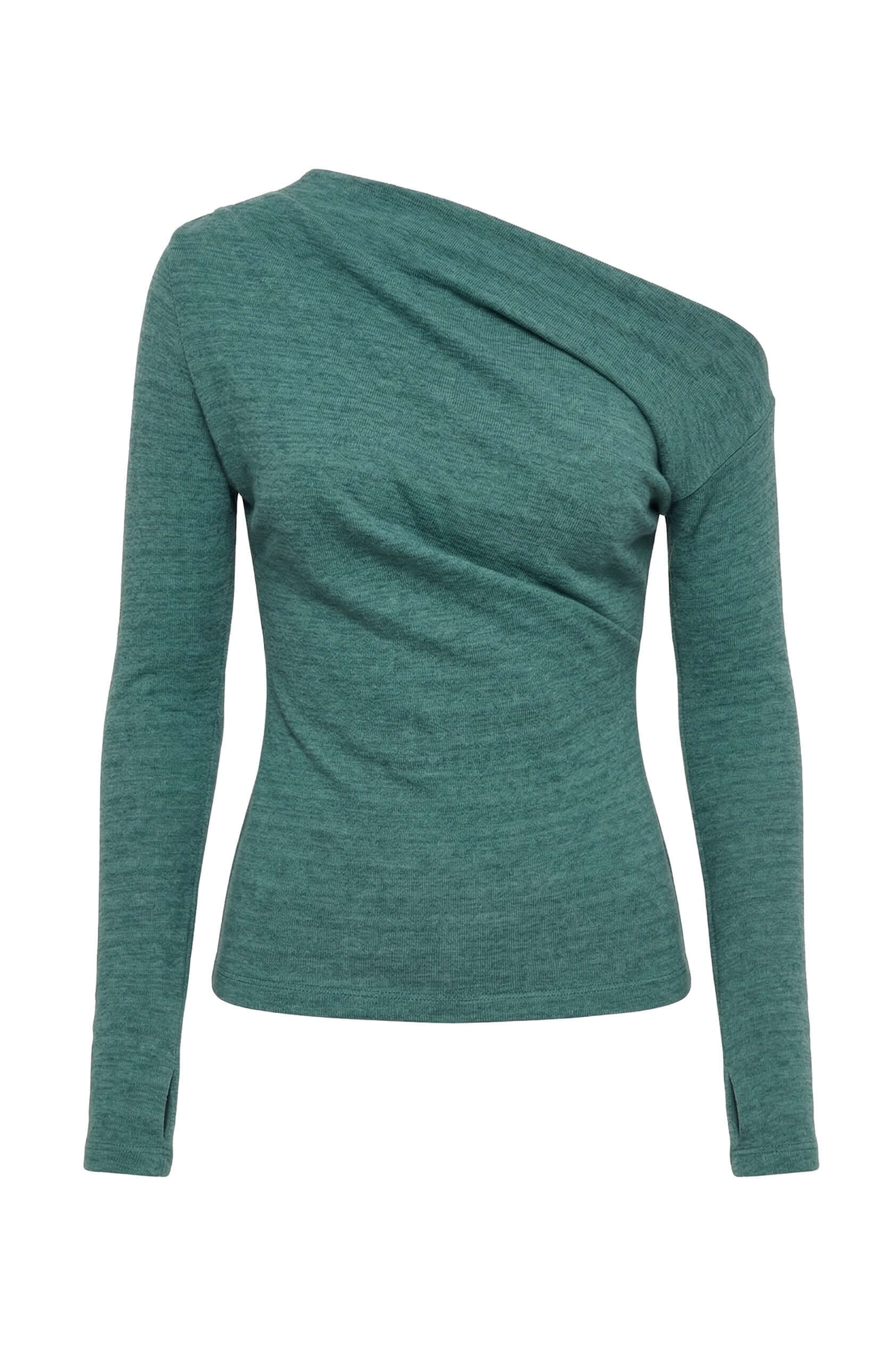 Teal Wool Drape Top with thumb holes and elegant draped neckline, crafted from soft fantasy wool jersey.