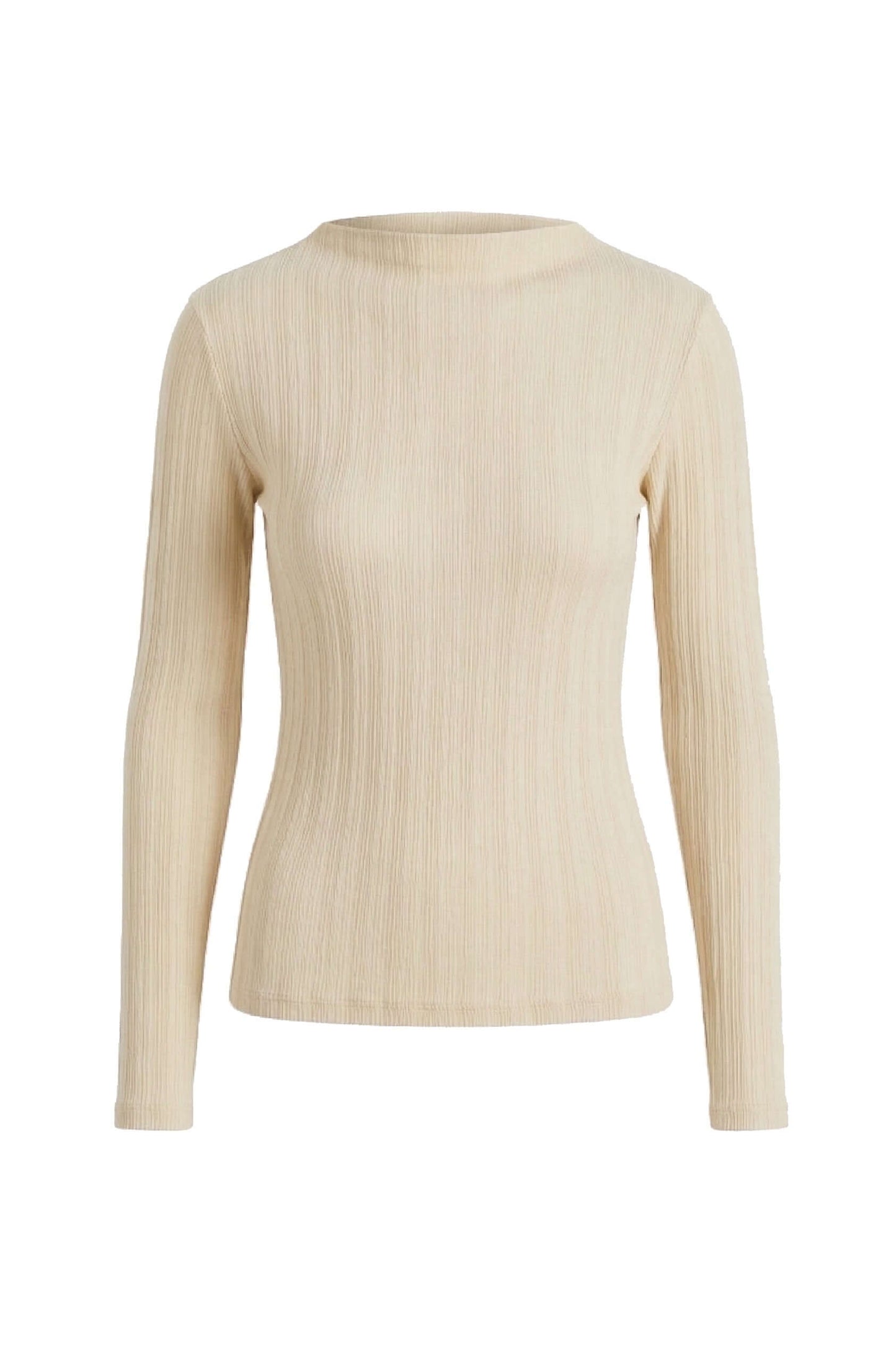 Ecru Lyocell Ribbed Long Sleeve Top featuring a fine ribbed texture and a close-to-body fit.