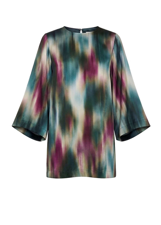 Printed ECOVERO Viscose Mini Dress with Flared Sleeves in a colorful abstract pattern.