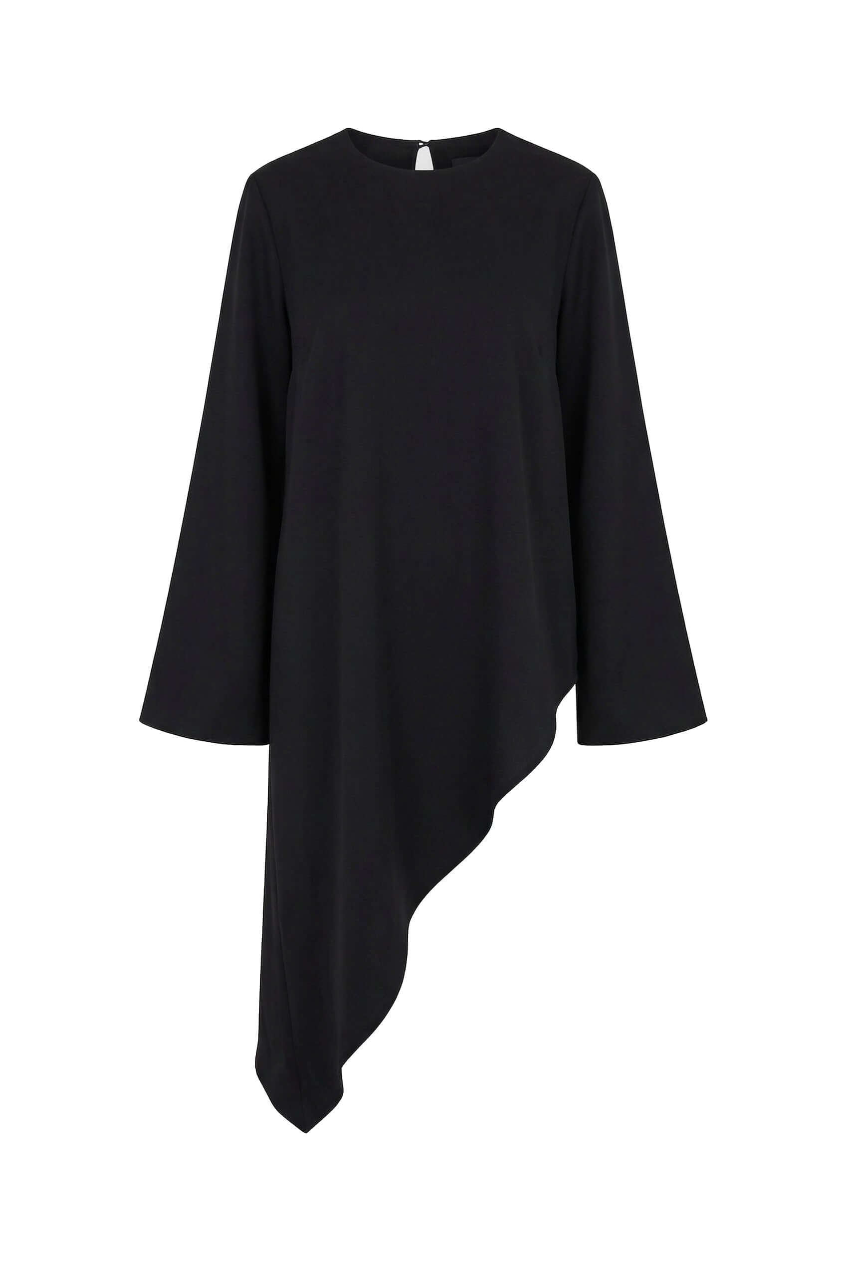 Black Lyocell Asymmetric Tunic featuring a dramatic flared shape and asymmetric hemline in black color.