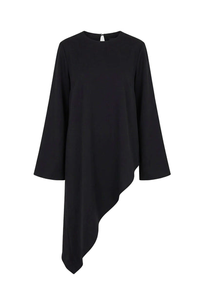 Black Lyocell Asymmetric Tunic featuring a dramatic flared shape and asymmetric hemline in black color.
