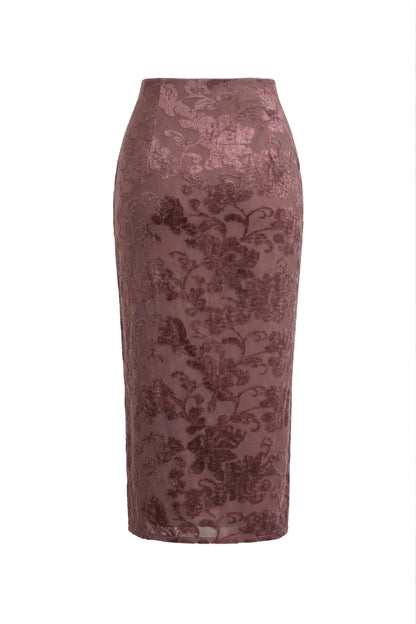 Cocoa Devoré Fitted Midi Skirt in a pencil silhouette with abstract devoré pattern, ideal for autumn-winter styling.