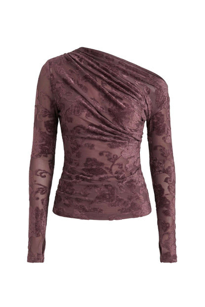 Cocoa Devoré Drape Top in burgundy with fluid draping and abstract devoré pattern on lightweight mesh jersey.