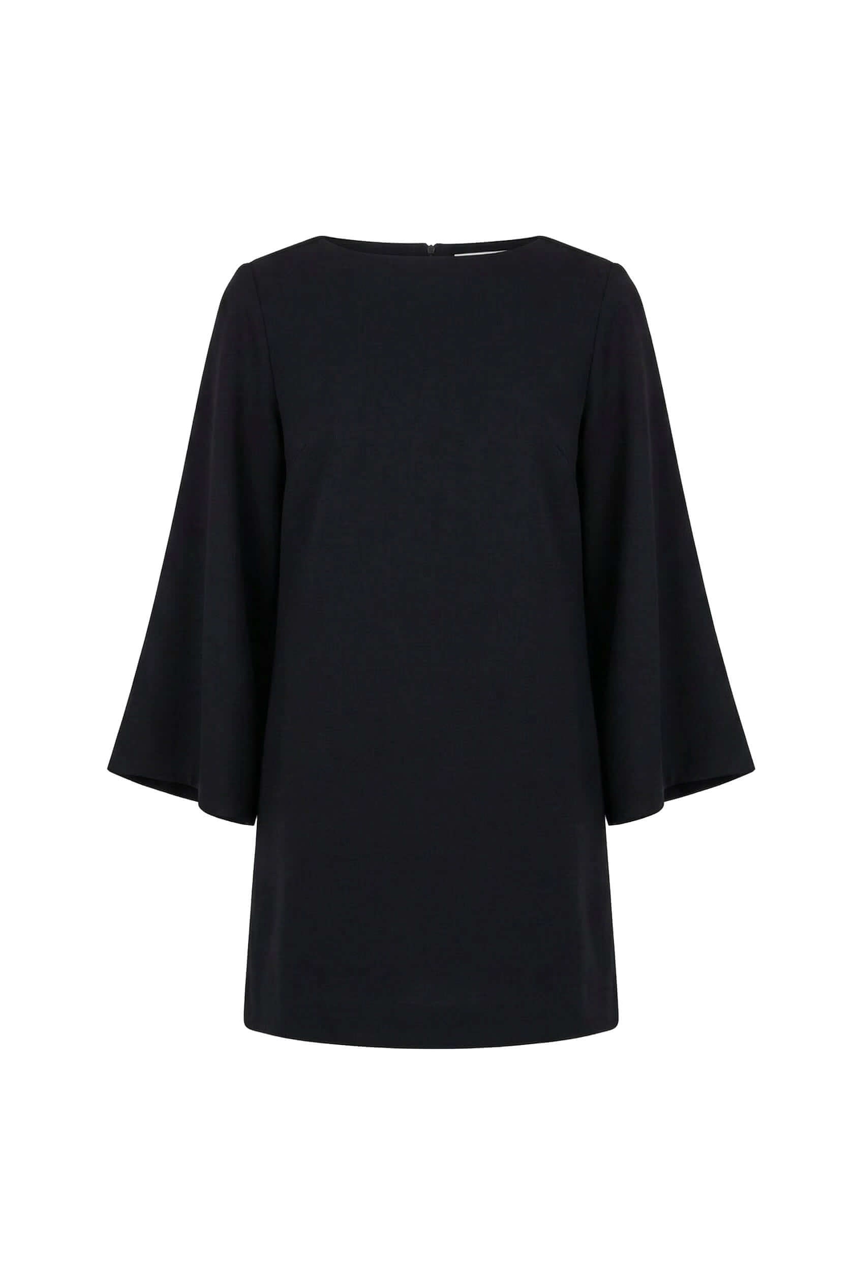 Black Organic Cotton Mini Dress with Flared Sleeves featuring a minimalist design and flared sleeves in heavyweight fabric.