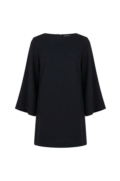 Black Organic Cotton Mini Dress with Flared Sleeves featuring a minimalist design and flared sleeves in heavyweight fabric.