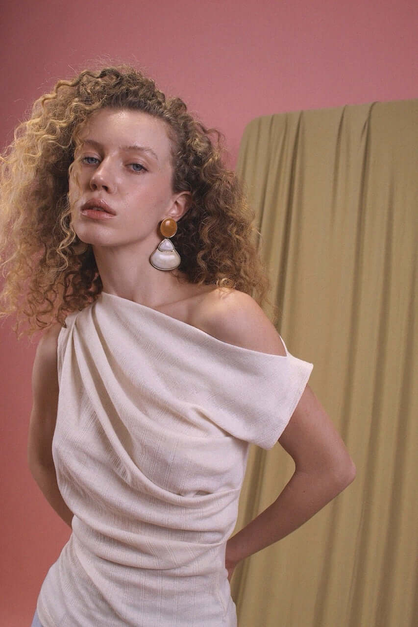 Banana Pineapple Drape Neckline Top in Ecru - ARCHIVE SALE