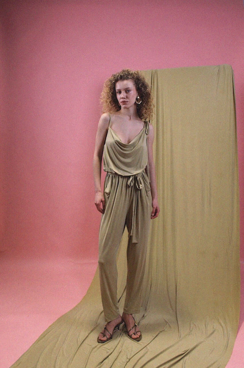 Cupro Slip Jumpsuit with Belt in Olive