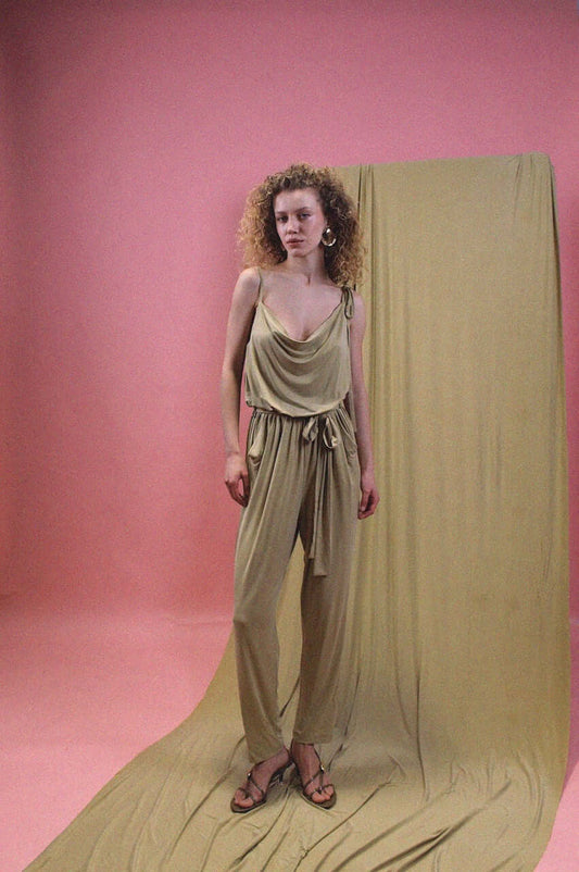 Cupro Slip Jumpsuit with Belt in Olive