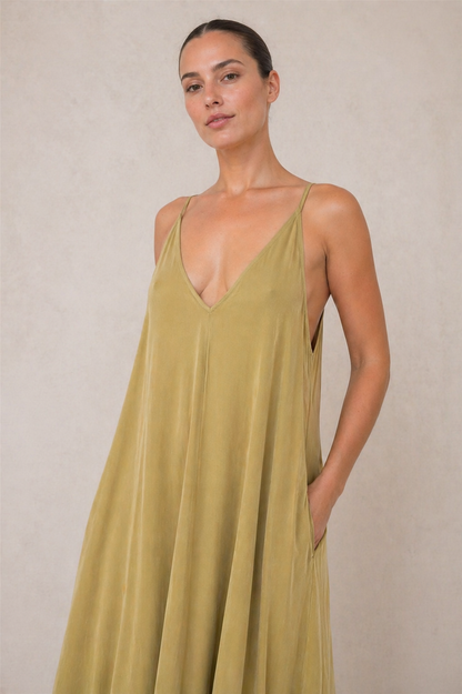 OLIVE CUPRO MAXI DRESS - ARCHIVE SALE