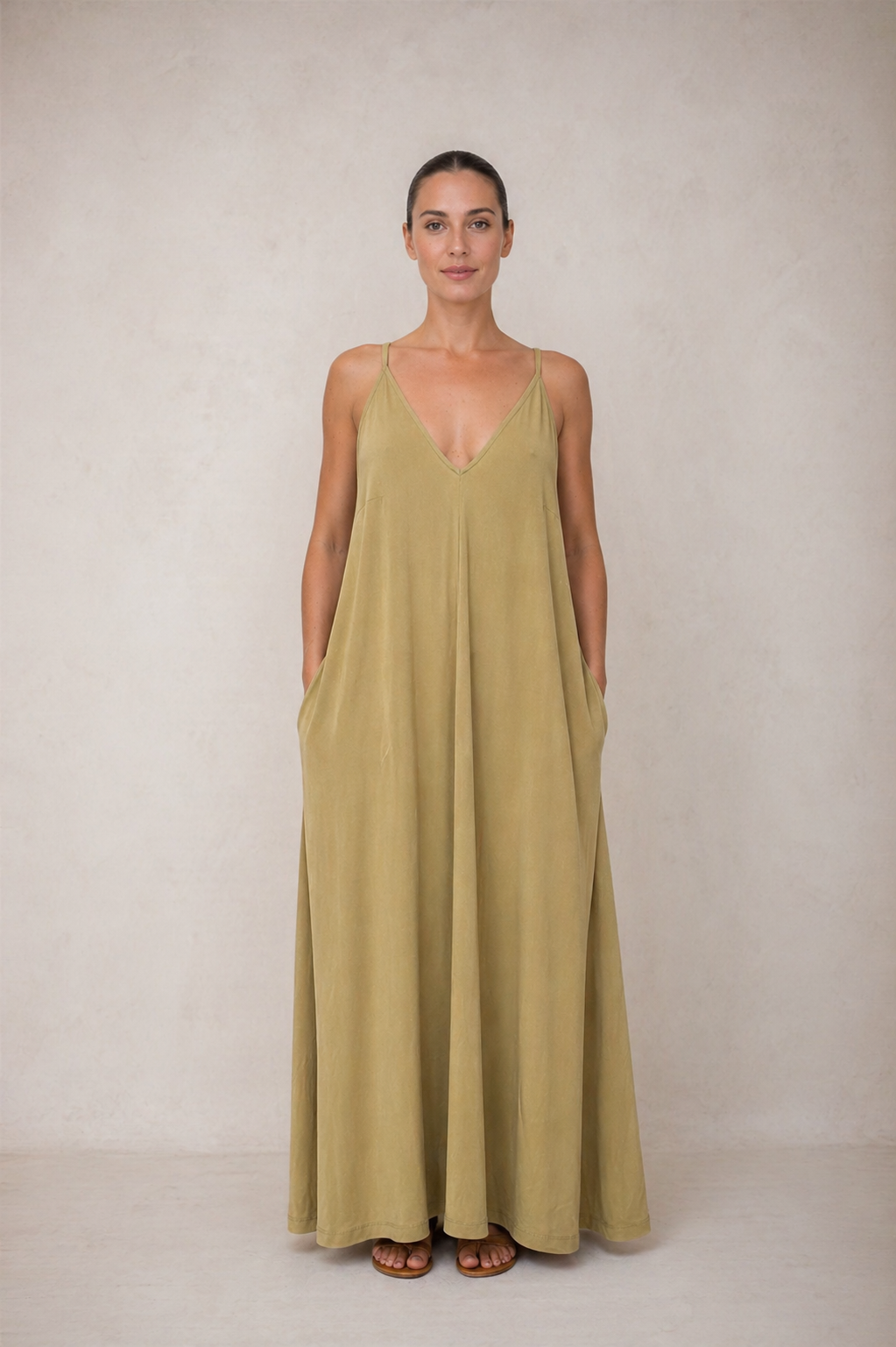OLIVE CUPRO MAXI DRESS - ARCHIVE SALE