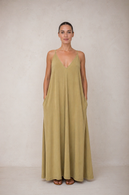 OLIVE CUPRO MAXI DRESS - ARCHIVE SALE