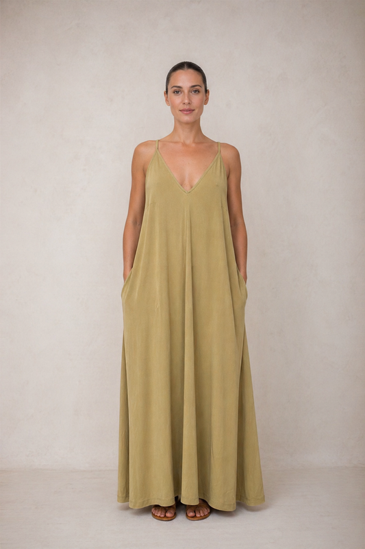 OLIVE CUPRO MAXI DRESS - ARCHIVE SALE
