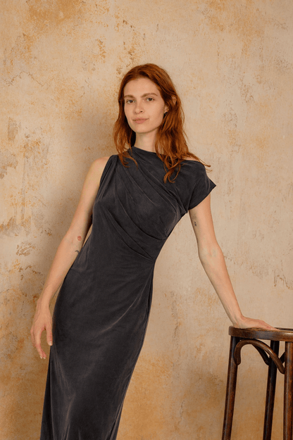 Drape Cupro Midi Dress in Slate Black, showcasing draped neckline and fluid silhouette.