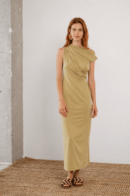 Drape Cupro Midi Dress in Olive worn by a model, showcasing the elegant draped neckline and midi length.