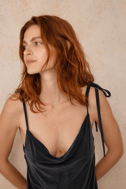 Cupro Drape Slip Mini Dress in Slate Black featuring adjustable straps and a flattering draped neckline.