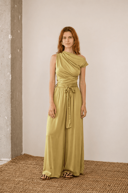 Wide Ecovero Trousers in Soft Olive model showcasing elegant style and breathable fabric in a relaxed fit.