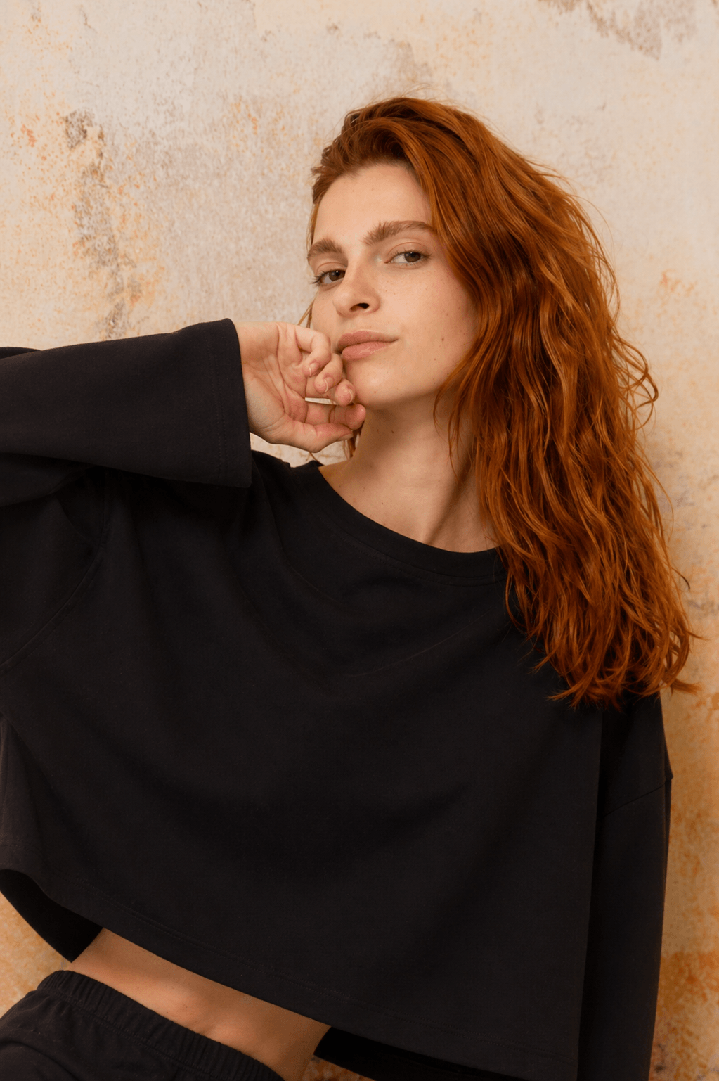 Organic Cotton Long Sleeve Top in Black, featuring a wide, oversized cropped silhouette and relaxed fit.
