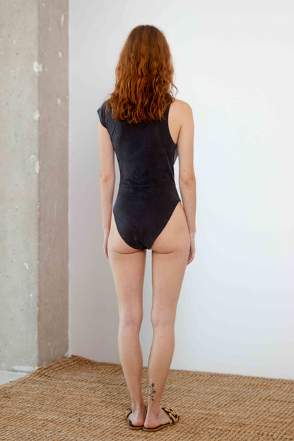 Drape Neckline Bodysuit in Slate Black, showcasing back view with soft jersey cupro fabric.
