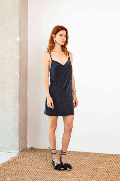 Cupro Drape Slip Mini Dress in Slate Black, showcasing adjustable straps and a flattering draped neckline.