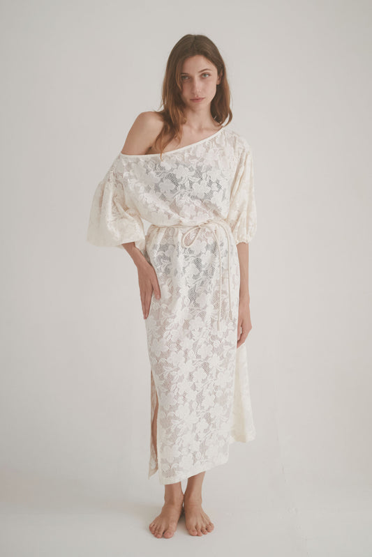 Chic ecru Lace Boho Maxi Dress with balloon sleeves and a lace belt, made from 100% organic cotton.