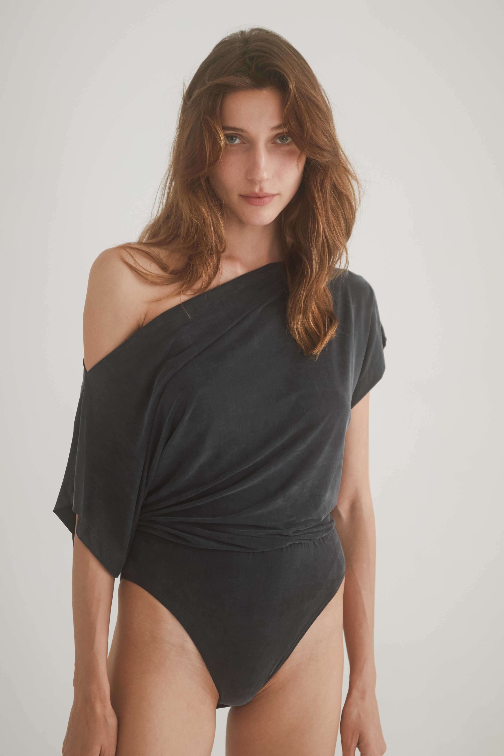 SLATE BLACK DRAPE BODYSUIT | COSSAC