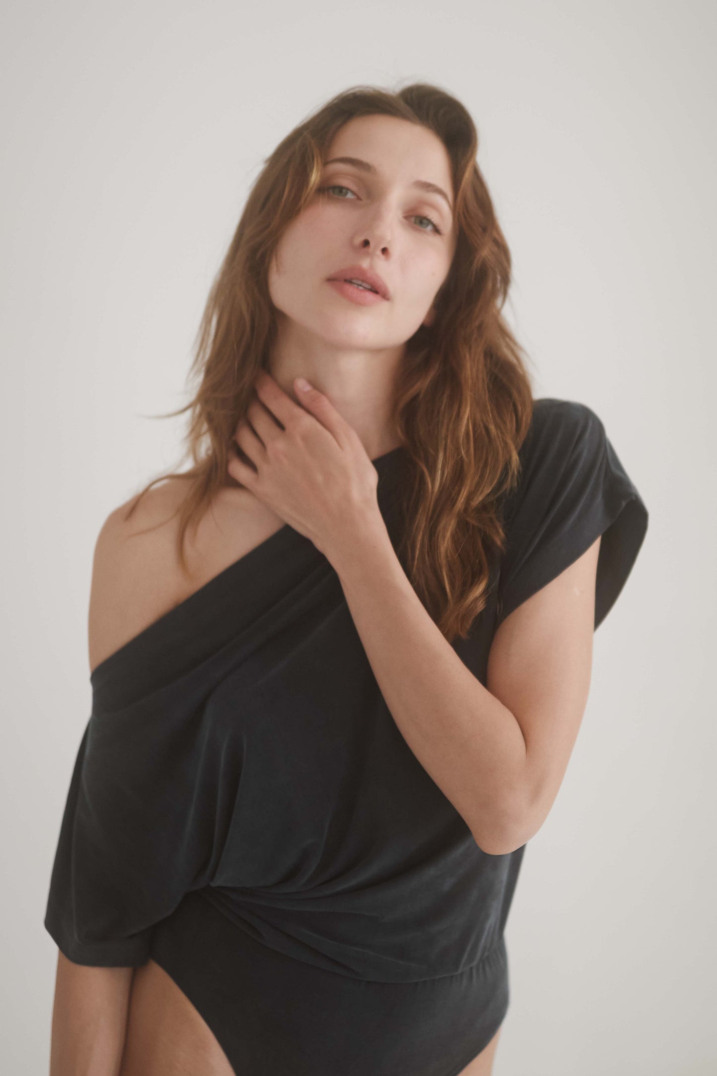 SLATE BLACK DRAPE BODYSUIT | COSSAC