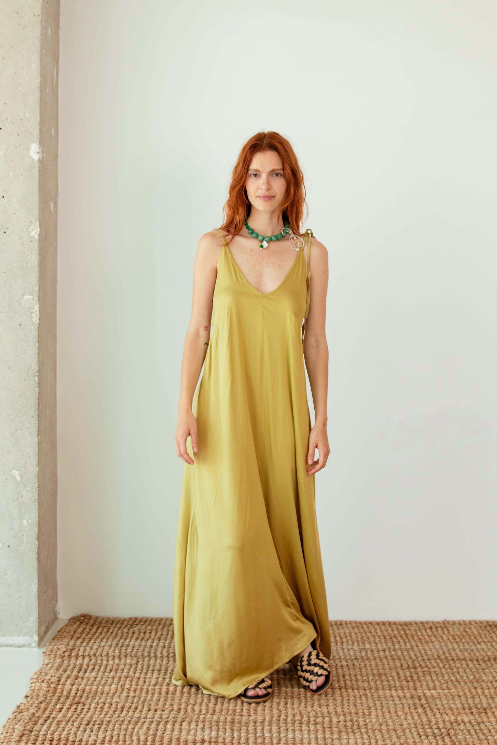 Ecovero Maxi Dress, lightweight olive dress with adjustable straps and pockets.