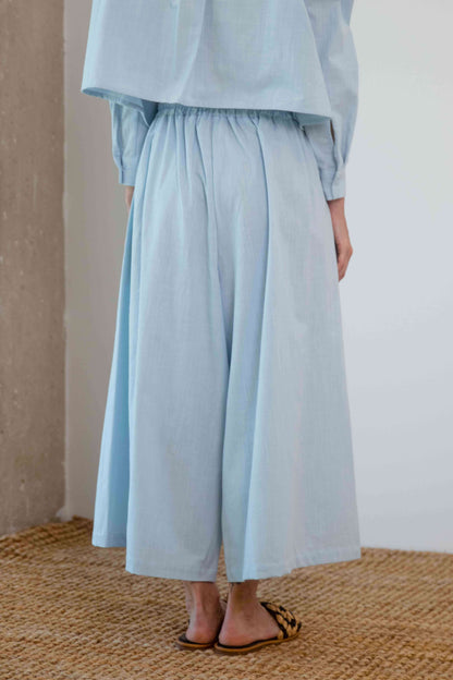 Organic Cotton Wide Culottes in Pale Blue, showcasing the back view and relaxed silhouette in a soft, breathable fabric.