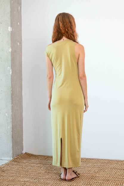 Drape Cupro Midi Dress in Olive displayed from the back, showcasing its sleek fit and slit detail.