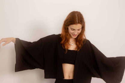 Model wearing a Organic Cotton Kimono Jacket