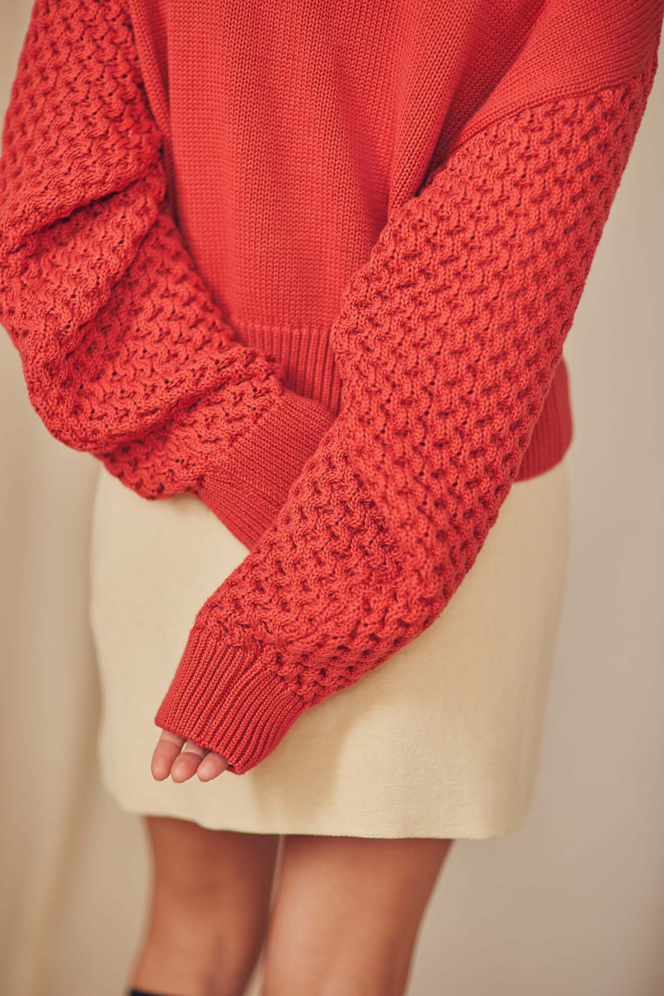 Rust Vegan Sweater featuring unique fantasy sleeves and medium-knit design, perfect for autumn layering.