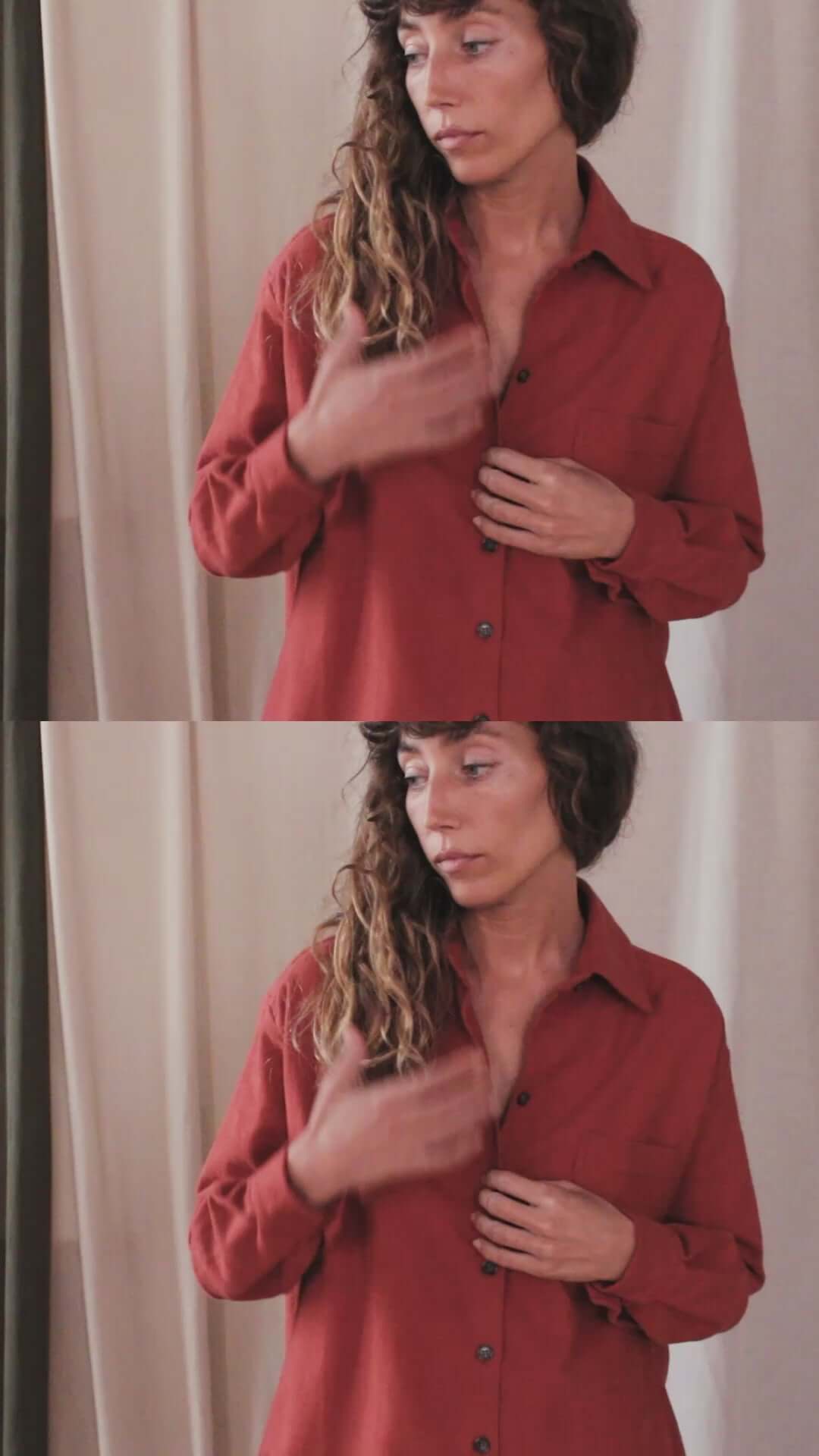 Model wearing rust organic cotton wide overshirt, styled for autumn layering and showcasing eco-friendly buttons.
