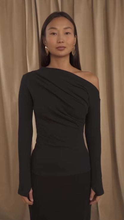 Black Wool Drape Top with Thumb Holes