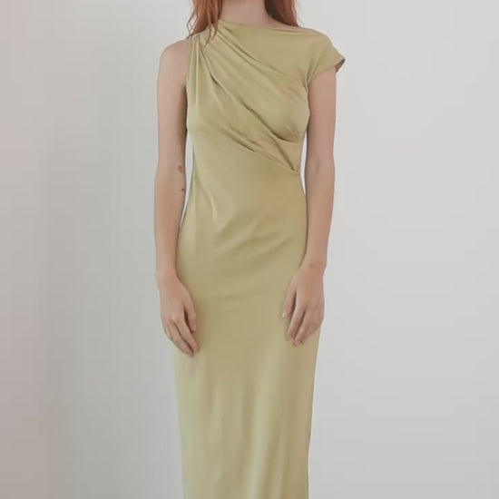 Drape Neckline Cupro Midi Dress in Olive worn by a model, showcasing a fluid silhouette and smooth jersey cupro fabric.