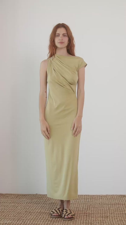 Drape Neckline Cupro Midi Dress in Olive worn by a model, showcasing a fluid silhouette and smooth jersey cupro fabric.