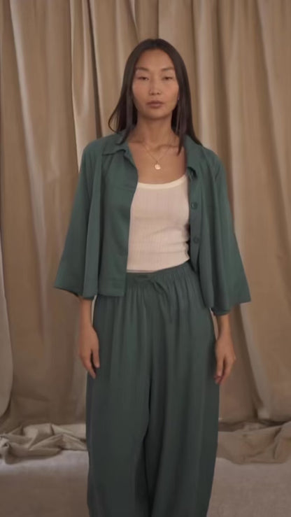 Teal Lyocell Barrel-Leg Trousers