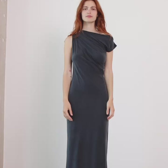 Drape Neckline Cupro Midi Dress in Slate Black worn by a model against a plain background, showcasing its elegant design.
