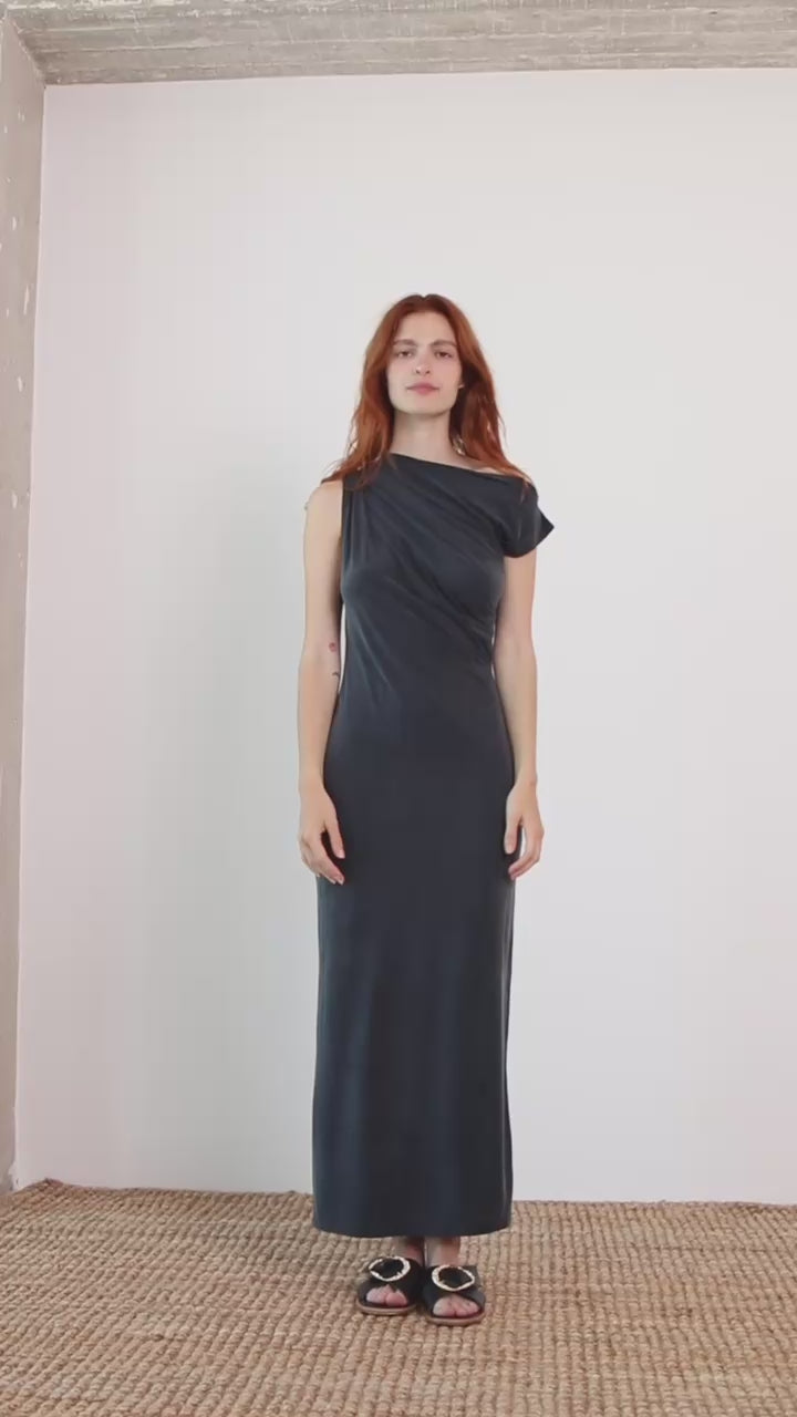 Drape Neckline Cupro Midi Dress in Slate Black worn by a model against a plain background, showcasing its elegant design.